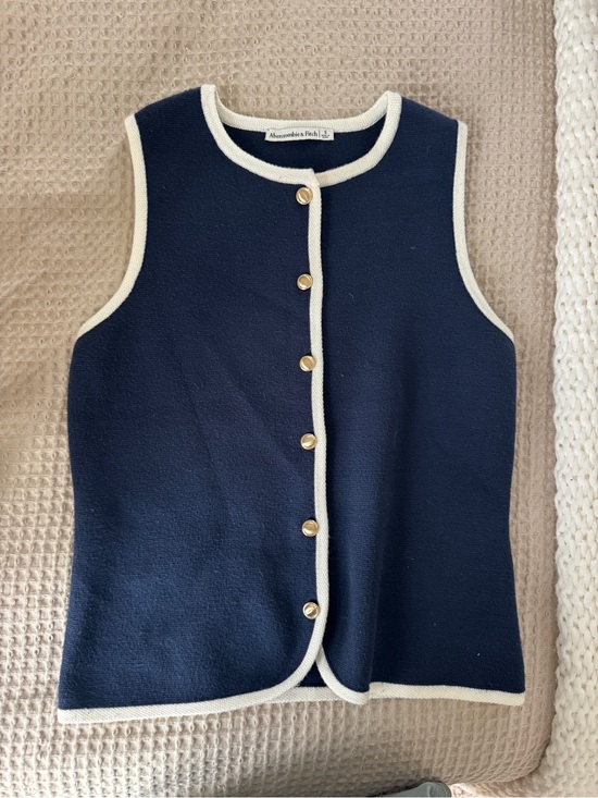 Abercrombie & Fitch Sweaters - Abercrombie & Fitch Navy Sleeveless Knit Cardigan with Cream Trim